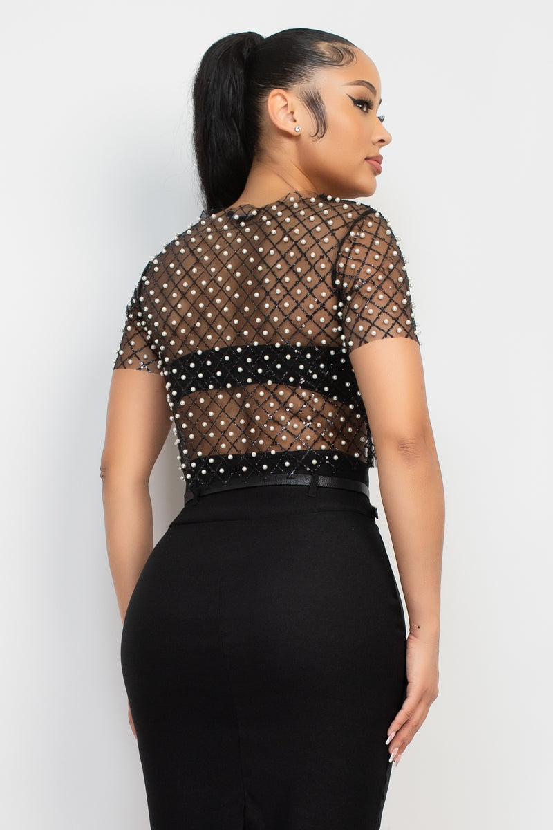 Sheer Pearl-Embellished Crop Top