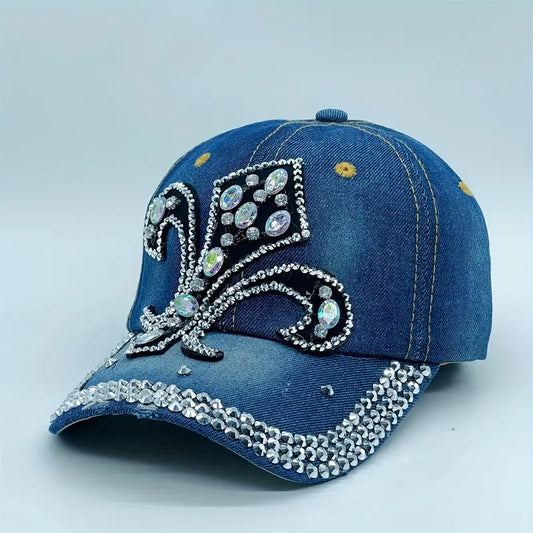 Blue Denim Baseball Cap Rhinestone Decor Washed Distressed Sun Hat Casual