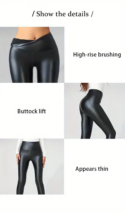 High Waisted Faux PU Leather Plush Lined Leggings, Elastic Slim Sexy Tights Fall/Winter Leggings, Women's Activewear