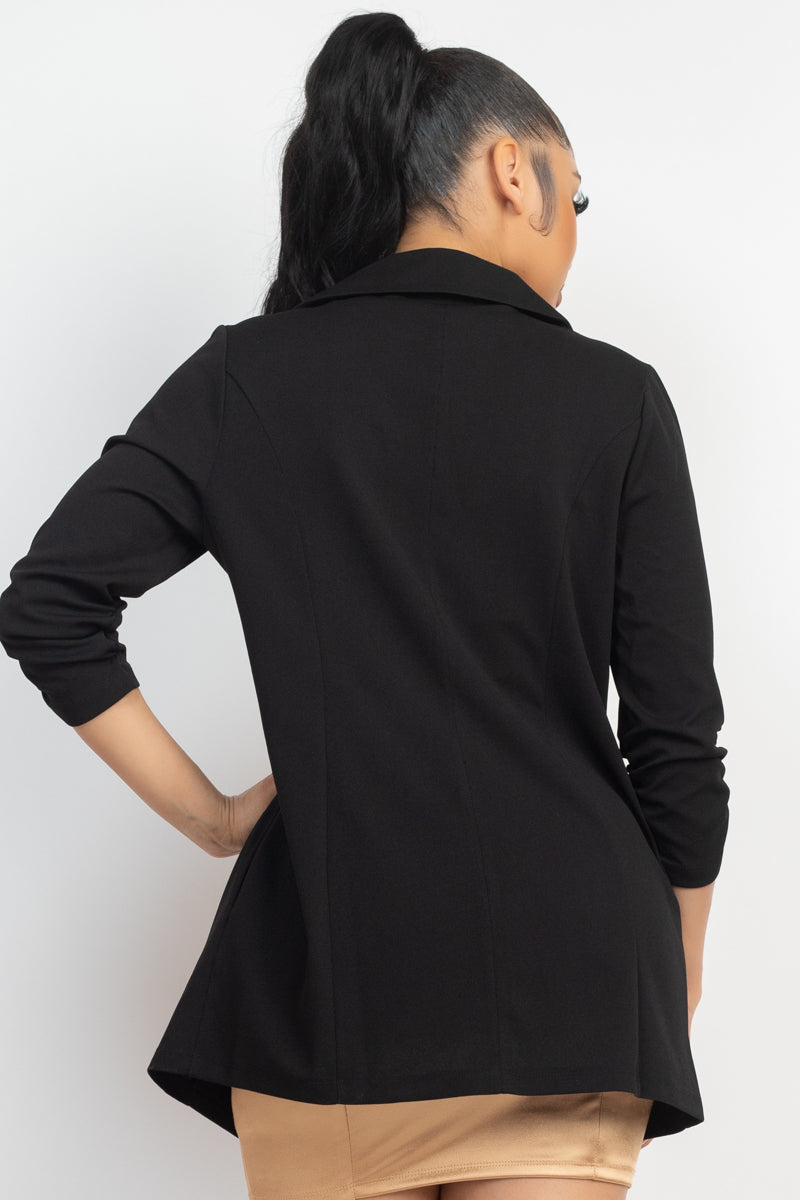 Notch Open-Front Shirred Sleeve Jacket