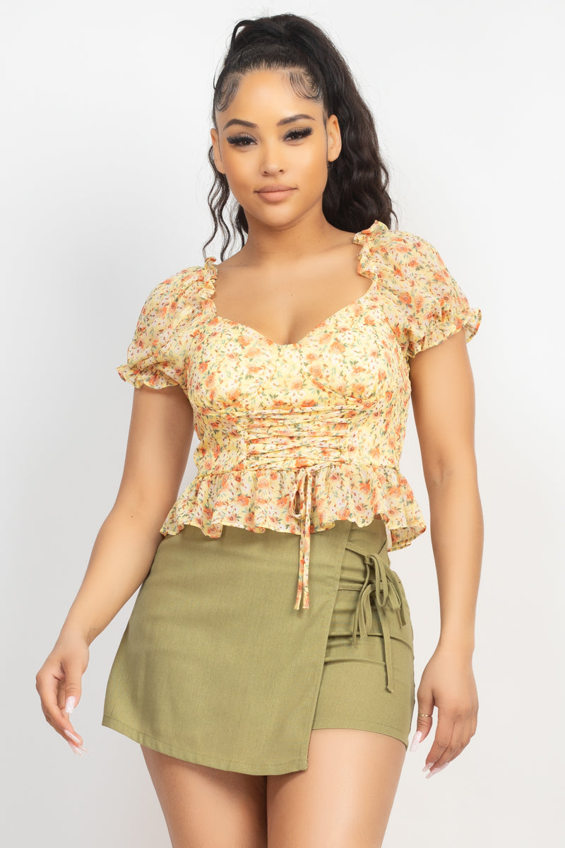 Lace-Up Peplum Floral Crop Top