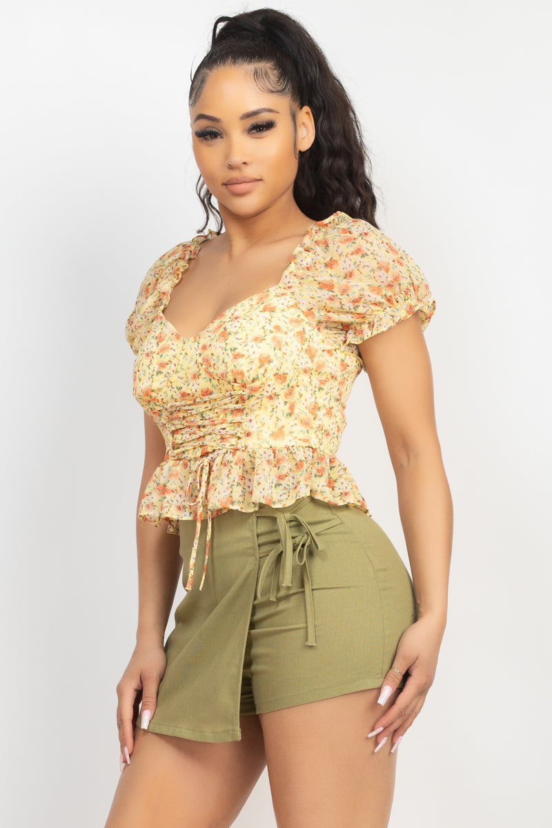 Lace-Up Peplum Floral Crop Top