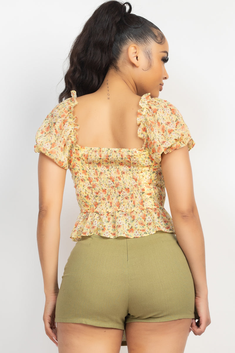 Lace-Up Peplum Floral Crop Top