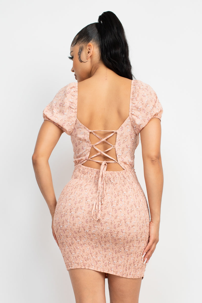 Ditsy Square Back Lace-Up Shirred Dress