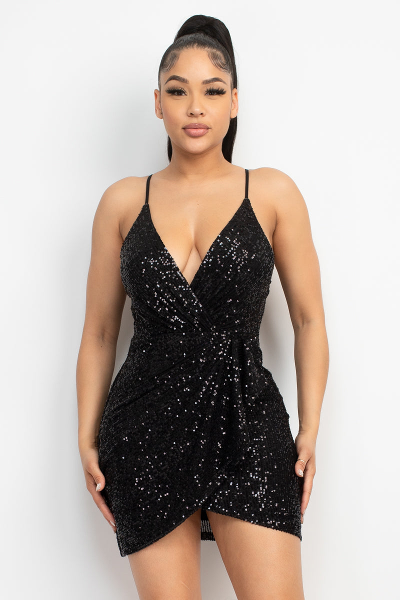 Sequin-Studded Wrap Surplice Dress