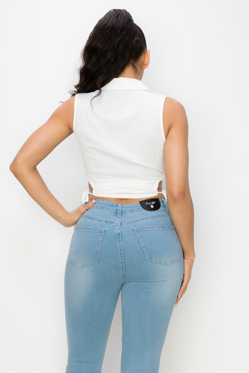 Collared Ruched Cutout Crop Top