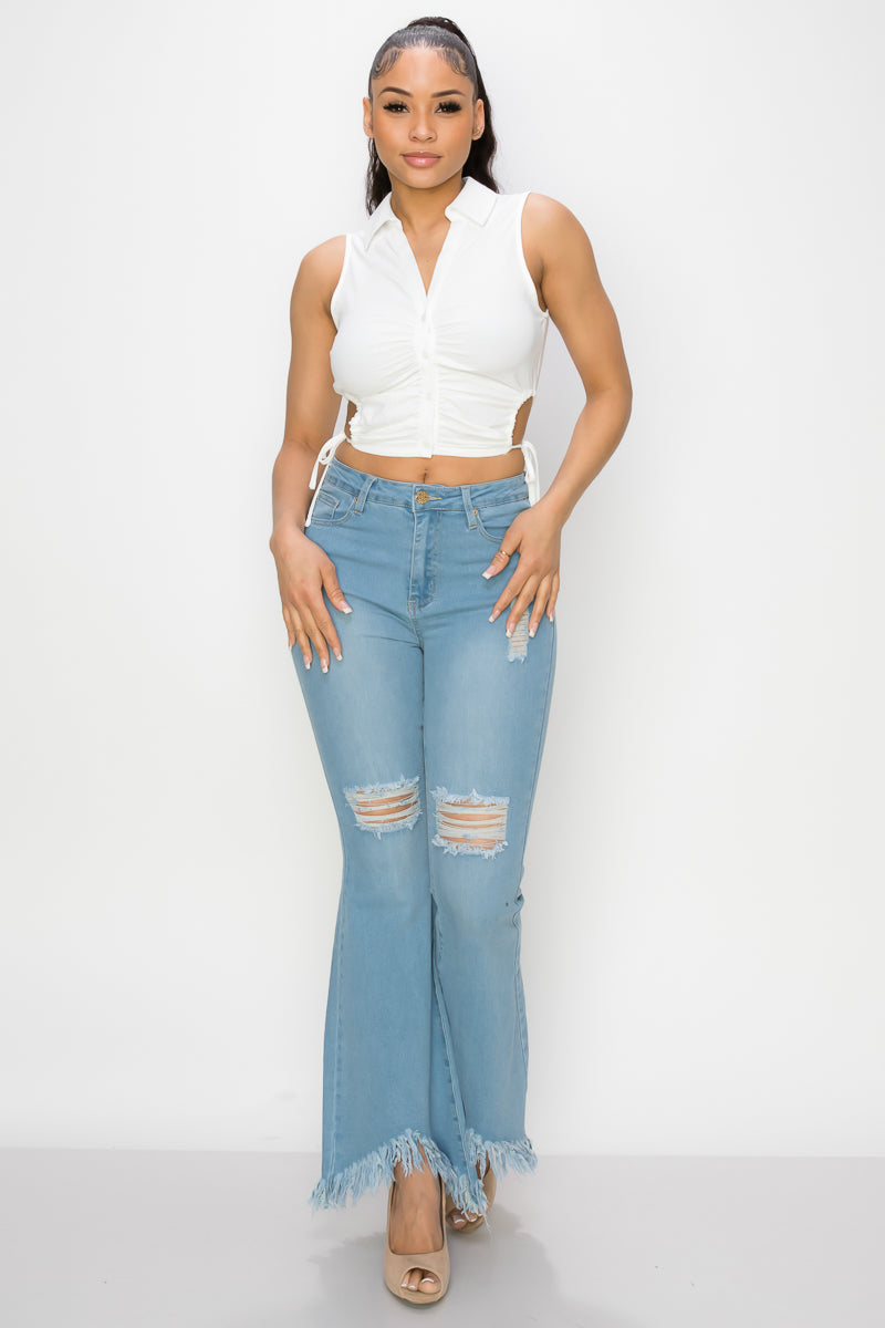 Collared Ruched Cutout Crop Top