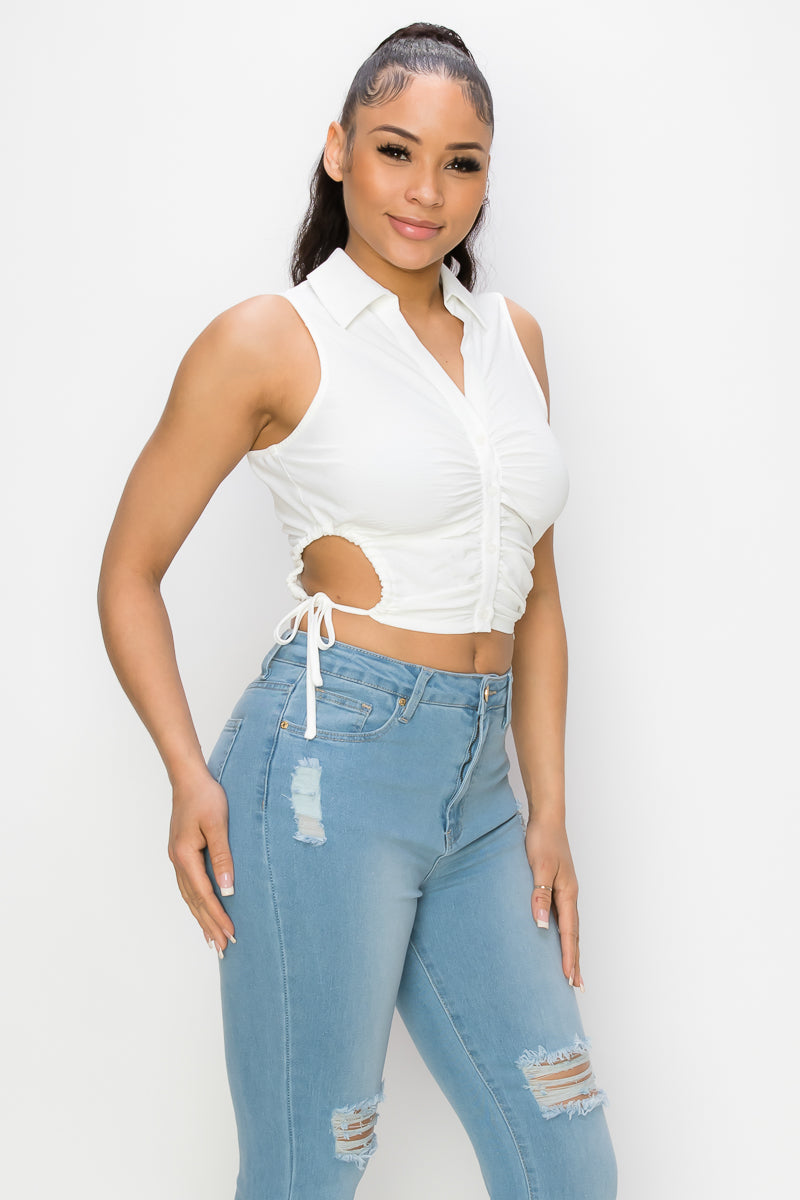 Collared Ruched Cutout Crop Top