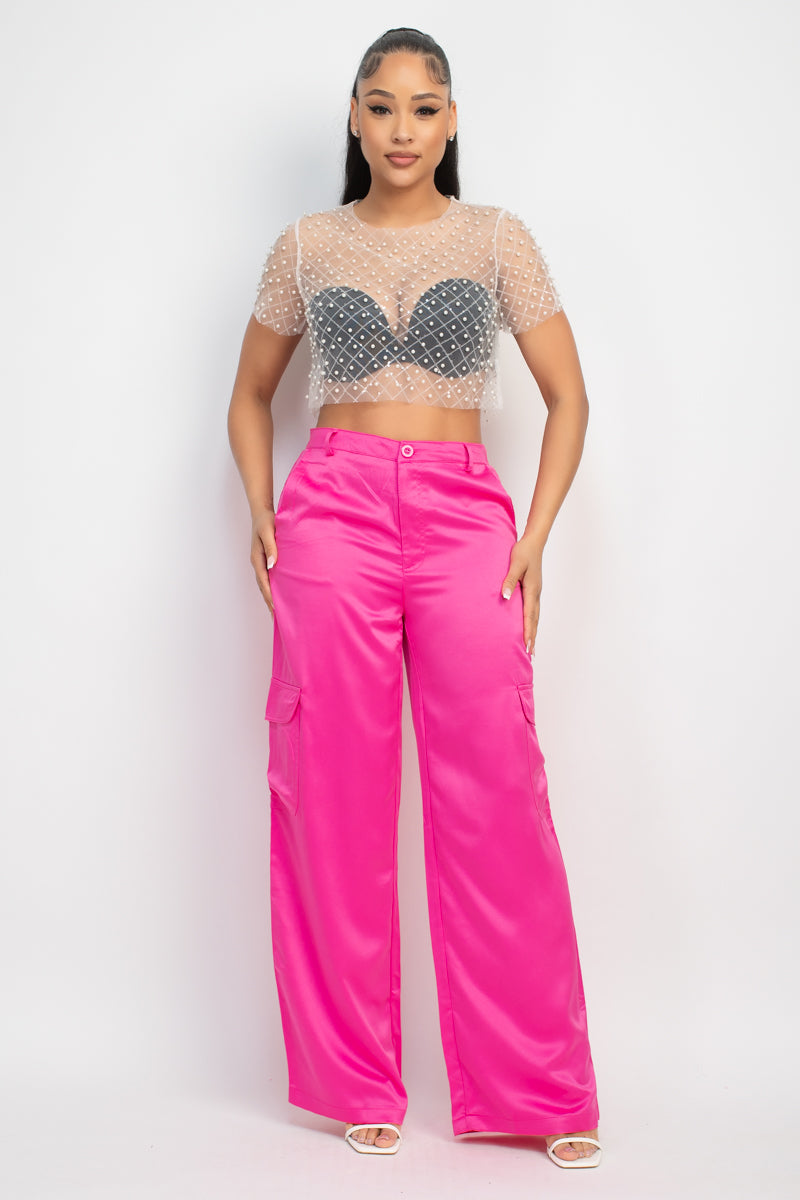 Sheer Pearl-Embellished Crop Top