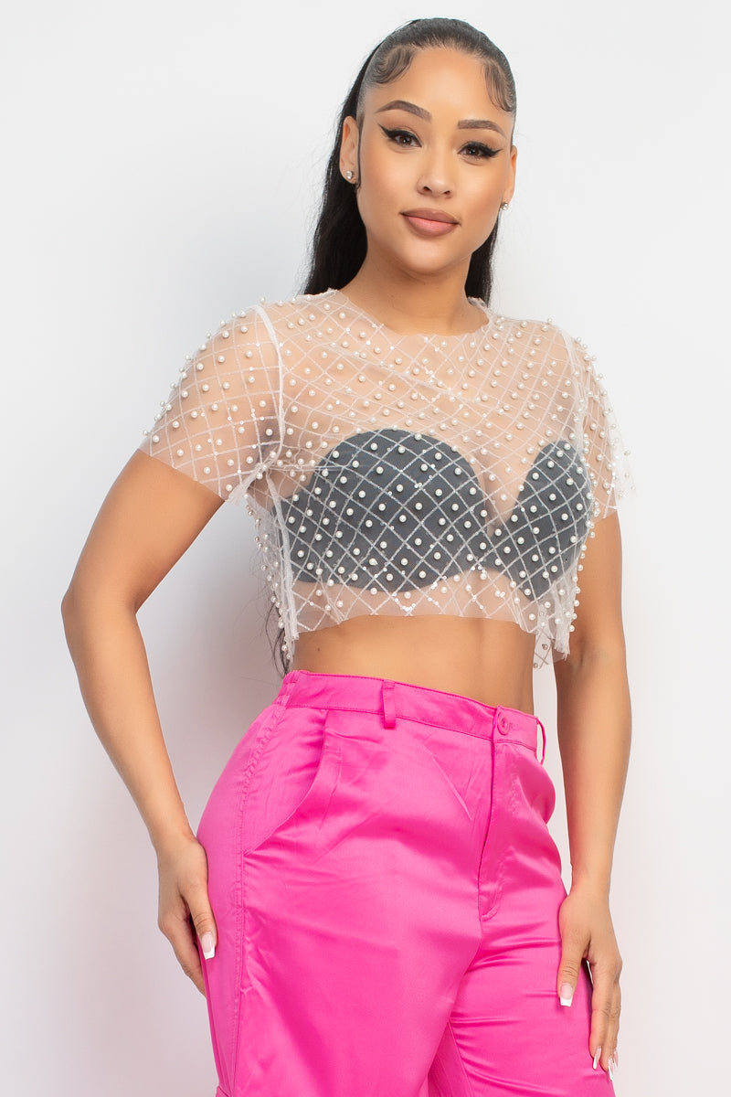Sheer Pearl-Embellished Crop Top