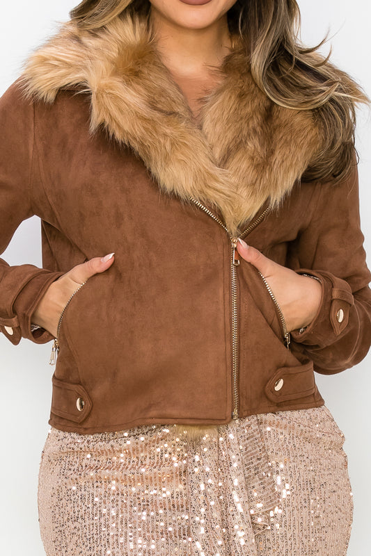 Faux Fur Collar Suede Jacket