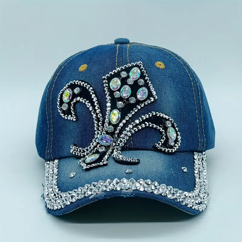 Blue Denim Baseball Cap Rhinestone Decor Washed Distressed Sun Hat Casual