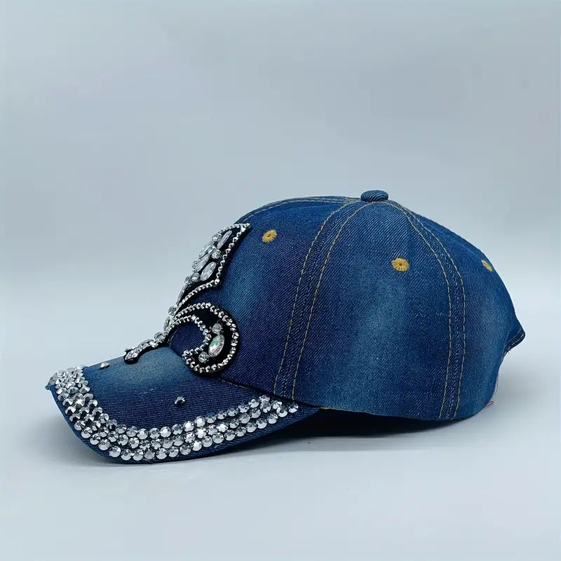 Blue Denim Baseball Cap Rhinestone Decor Washed Distressed Sun Hat Casual